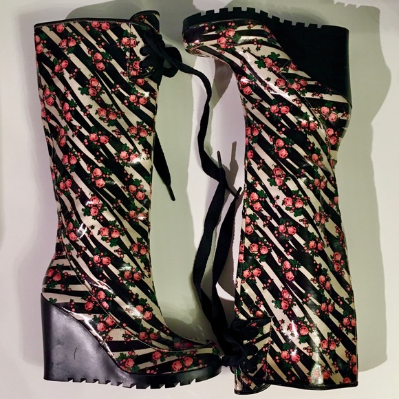 Betsey Johnson Shoes - SOLD Betseyville Betsey Johnson Tall Knee Wedge Rain Boots Animal Floral Roses